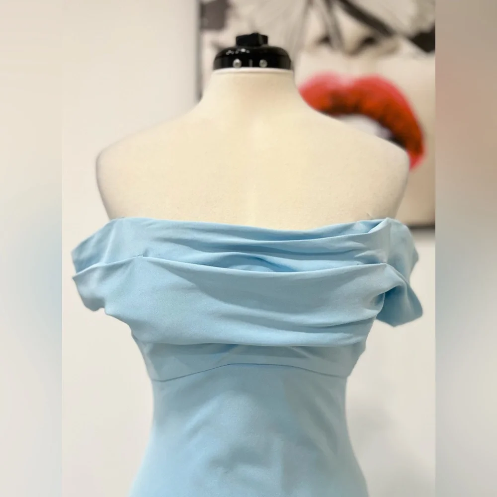 Monique Lhuillier Collection Draped Off-The-Shoulder Silk Gown Blue Maxi Dress - Picture 5 of 15